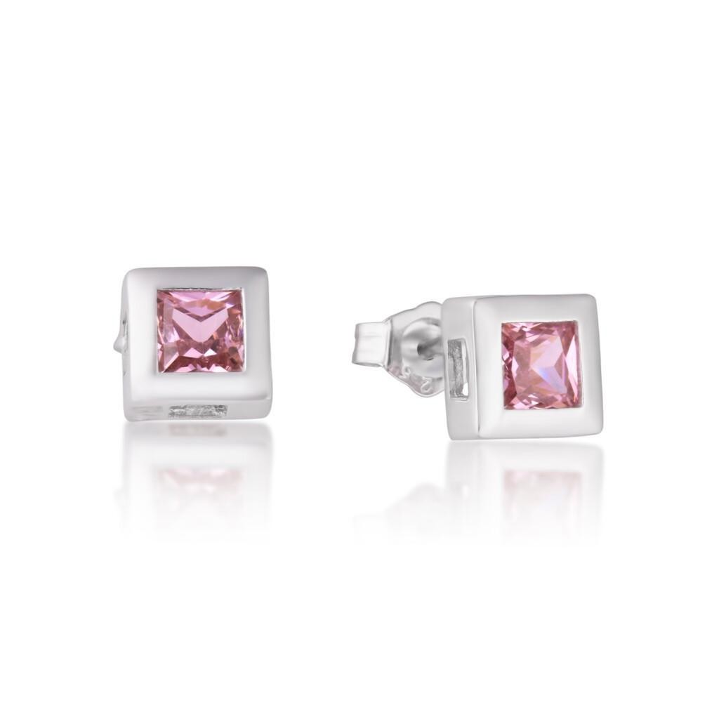 Hopeasta valmistettu, 5,5mm x 5,5 mm kokoinen, neliönmuotoinen korvakoru tappikiinnityksellä. Korvakorun keskellä on hopeisessa kehyksessä upotettuna neliskanttinen, viistehiottu, pinkki zirkonia.