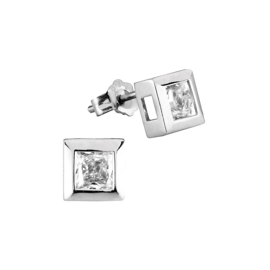Hopeasta valmistettu, 6,5mm x 6,5 mm kokoinen, neliönmuotoinen korvakoru tappikiinnityksellä. Korvakorun keskellä on hopeisessa kehyksessä upotettuna neliskanttinen, viistehiottu, kirkas zirkonia.